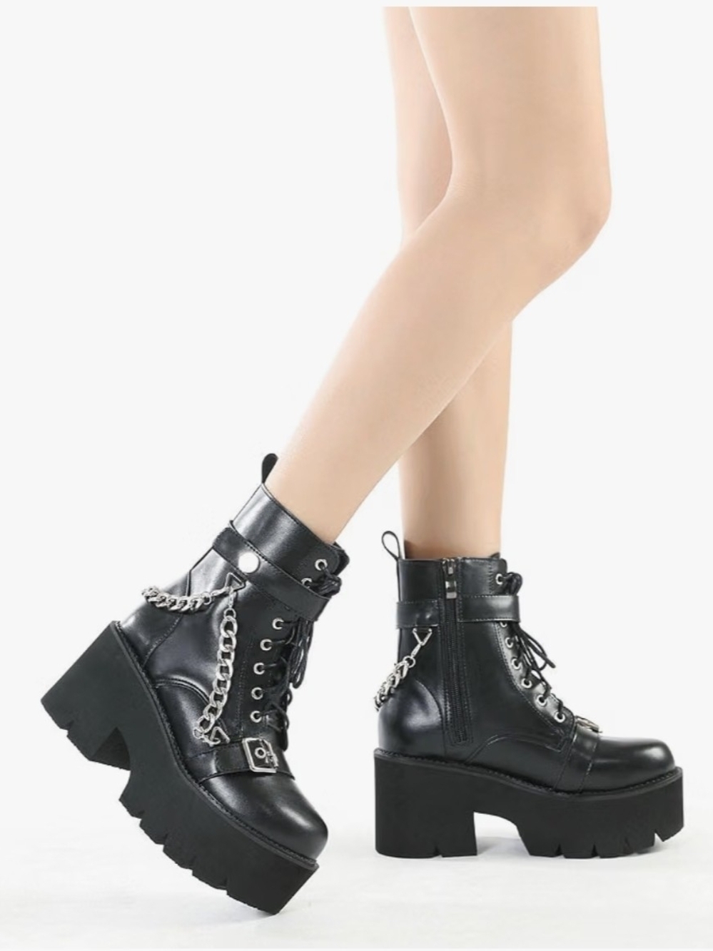 NEW Womens Goth Patent Ankle Platform Chunky Combat BootsLace Up Gothic Boots
